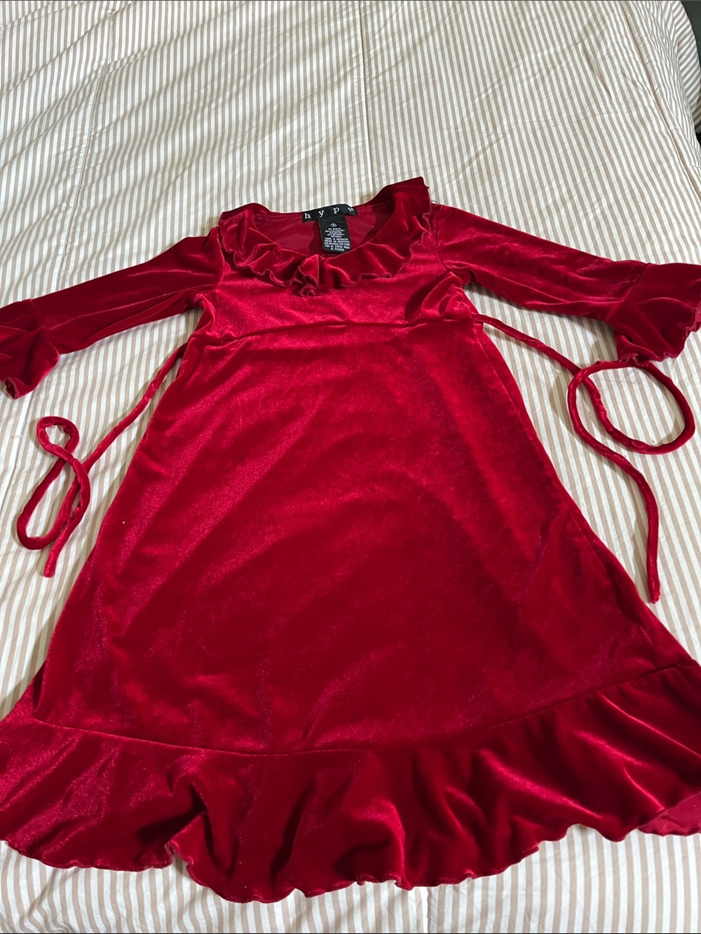Hype Red Velvet Ruffle Hem Tie-Sleeve Dress